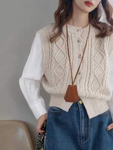 Alicedudu Suéter Cardigan de Gola Redonda Vintage Tecido Retalhos Feminino, Outono/Inverno - Cinza damasco claro - Visão 3