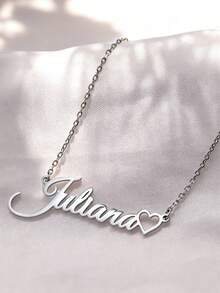1pc Personalized Name Necklace, Silver-Tone Stainless Steel Hollow Heart Pendant Necklace, Simple Custom Jewelry For Women And Men, Couple Gift, Vacation Accessory - Silver - View 6
