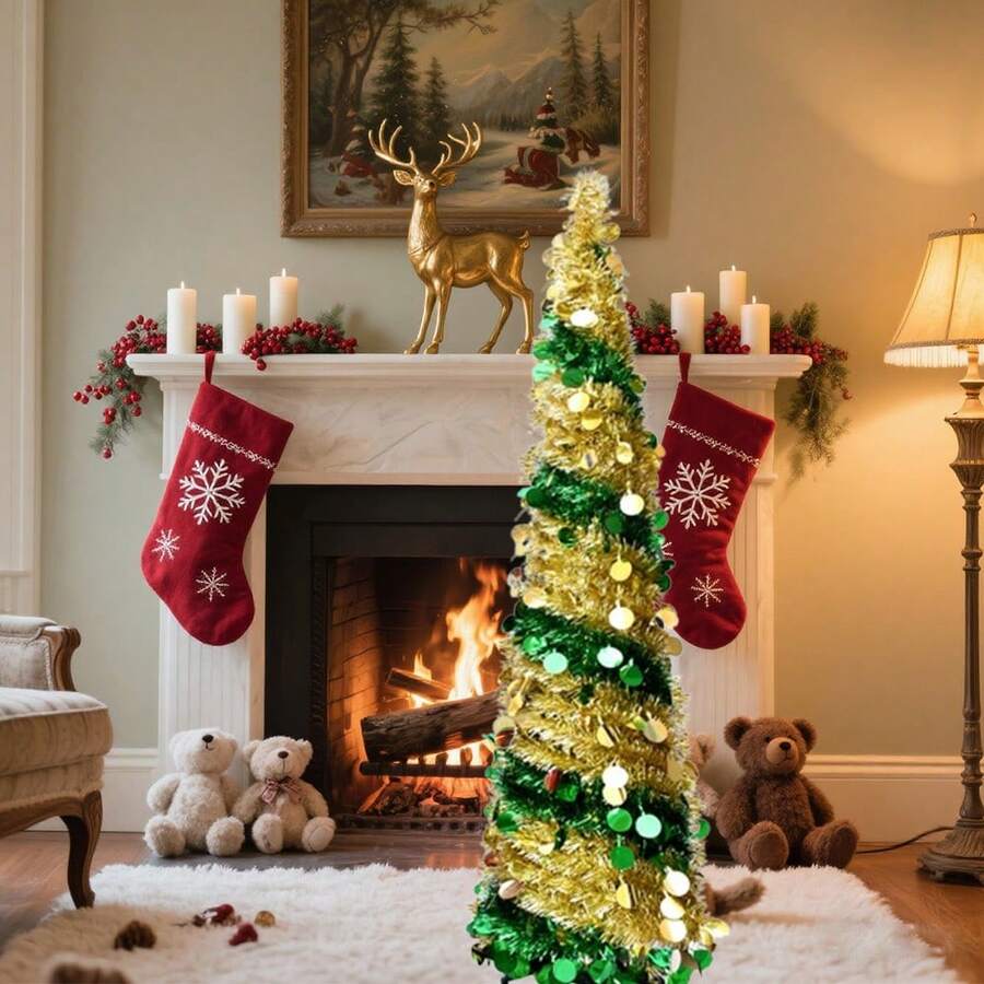 1.5m/5ft Classic Christmas Tree, Pencil Shaped Glittery Artificial Festive Tree With Foldable Storage Design, Suitable For Christmas, Home, Office, Festive Party And Wedding Decoration - Golden Green - View 1