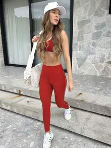 Women's 2-Piece Fitness Kit – Top, Shorts And High-Waisted Leggings - 紅色 - 查看 6