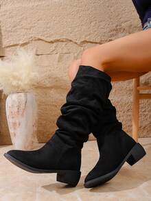 2025新款复古法式优雅长靴简约英伦风修身时尚弹力粗跟高筒靴女 - 黑色 - 查看 3
