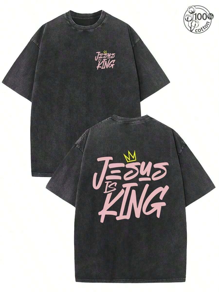 Jesus Is King, Believe In God, God Will Bless You, Classic Retro Fashion Jesus Popular Letter Pattern Printing Boutique 230g Washed Cotton T-Shirt, Men's Summer High-Quality Printed Cotton Retro Fashion Retro Brand Loose, Soft And Comfortable Casual Multi-Color T-Shirt, Suitable For Outdoor Wear In Summer, With A Certain Thickness, Daily Wear And Friend Gifts, Back To School Gifts-Uniform Large Size Tops For Men And Women - 黑色 - 查看 1
