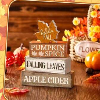 4Pcs Wooden Christmas Table Decoration Fall Tabletop Decor Maple Leaf Tiered Trays Christmas Decor Rustic Farmhouse Autumn Centerpiece With Block Signs