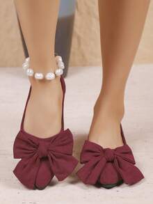 2025 New Flat Comfortable Slip-On Shoes For Women, Pointed Toe, Rubber Sole, Bow Decor, Black, Versatile Work Loafers - Burgundy - View 3