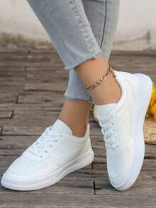 女士春秋季新款白色休闲运动鞋、运动跑步鞋、防滑平底运动鞋 - 白色 - 查看 2