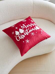 1 Stück Weihnachts-Rot Schneeflocke & Weihnachtsbaum Buchstabe "FRÖHLICH" bestickte Kissenbezug, geeignet für Inneneinrichtung, Weihnachtsdekoration Kissenbezug, Kissenfüllung nicht enthalten - Rot - Übersicht 7