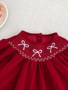 Christmas Velvet Shirred Dress With Embroidered Bow, Long Sleeve, Red, Princess Style, Autumn/Winter - Red - View 4