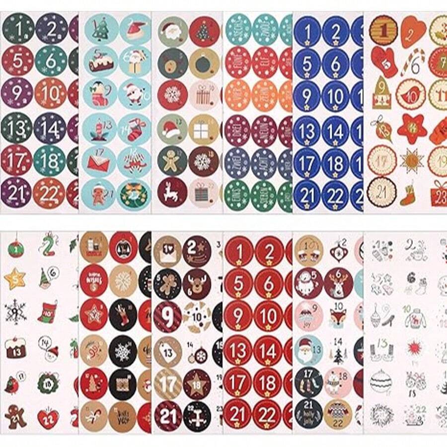 24 pezzi Adesivi numerici natalizi, 12 stili di colori, adesivi numerici per calendario dell'avvento natalizio, conto alla rovescia 1-24 giorni, accessori fai-da-te per calendario dell'avvento e sigilli per regali, forniture per ufficio e scuola per il conto alla rovescia di Natale, adesivi per sigillare regali, forniture per scrapbooking