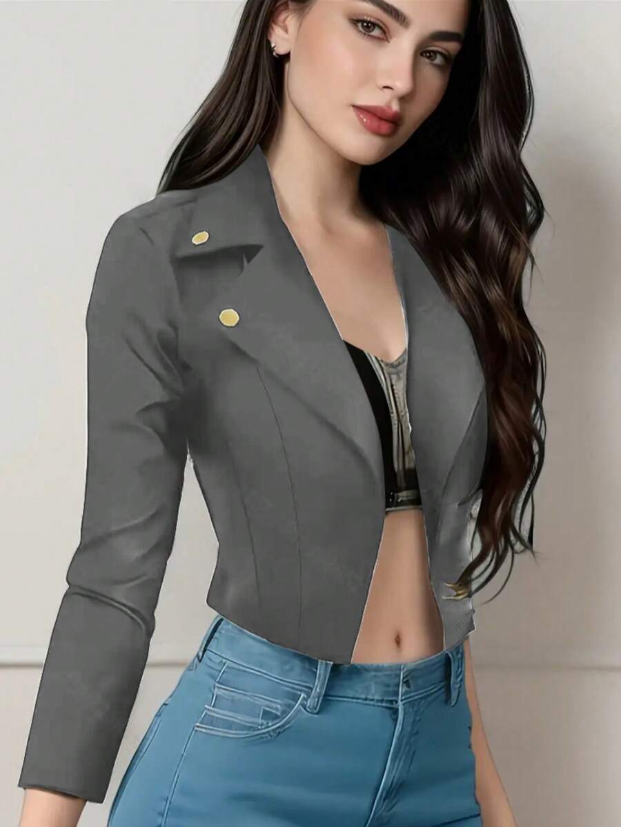Women's Solid Color Turndown Collar Button Front Short Cardigan Jacket - Dark Grey - View 1