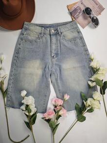 Women's Casual Denim Shorts With Beaded Pockets And Straight Leg Design, Suitable For Halloween Party - Blue - View 8