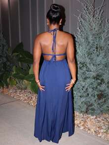 Steph T Women Solid Color Halter V-Neck Vacation Holiday Beach Criss Cross Tie Backless Maxi Dress Vacation Beach Outfits