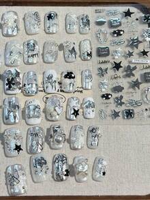 1pc Metal Nail Art Stickers, DIY Handmade Nail Decals Featuring Stars, Moons, Apples, Pentagrams, Doodles, Cute Cats, Sweet & Spicy Y2K Style Nails Nail Supplies - Grey - View 5