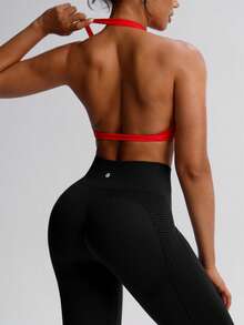 TCVC 女士撞色高弹力透视运动文胸+紧身裤两件套，露背挂脖运动文胸，高腰收腹提臀纯色紧身裤，适合跑步、瑜伽、健身、户外、休闲等场合，黑色 - 黑色 - 查看 8