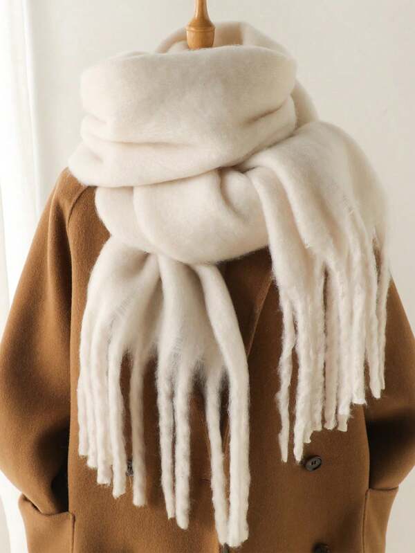 1 Pc Women Winter Scarf Horsehair Black Imitate Cashmere Shawls And Wraps Thick Warm Lady's Fashion Solid Color Tassel Pull Plush Scarves Outdoor Women Shawl