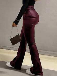 Plus Size Coated Faux Leather Bootcut Pants, Slimming And Elongating, Suitable For Spring And Summer - Burgundy - View 5