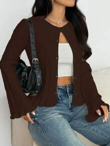 Women's Cute Y2K Streetwear Textured Round Neck Long Sleeve Ruffle Trim Buttons Knitted Sweater Cardigan Tops Women's Casual Daily Wear Homecoming Country Concert Fall Winter Going Out Outfits Clothes Christmas New Year Gift