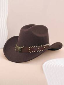 1pc Halloween Western Cowboy Hat, Suitable For Both Men And Women, Soft Wool Felt Hat, Cow Head Belt Buckle Cowboy Hat, Suitable For Back To School Season, Holiday Parties, Daily Leisure, Etc - Style 1 - View 10