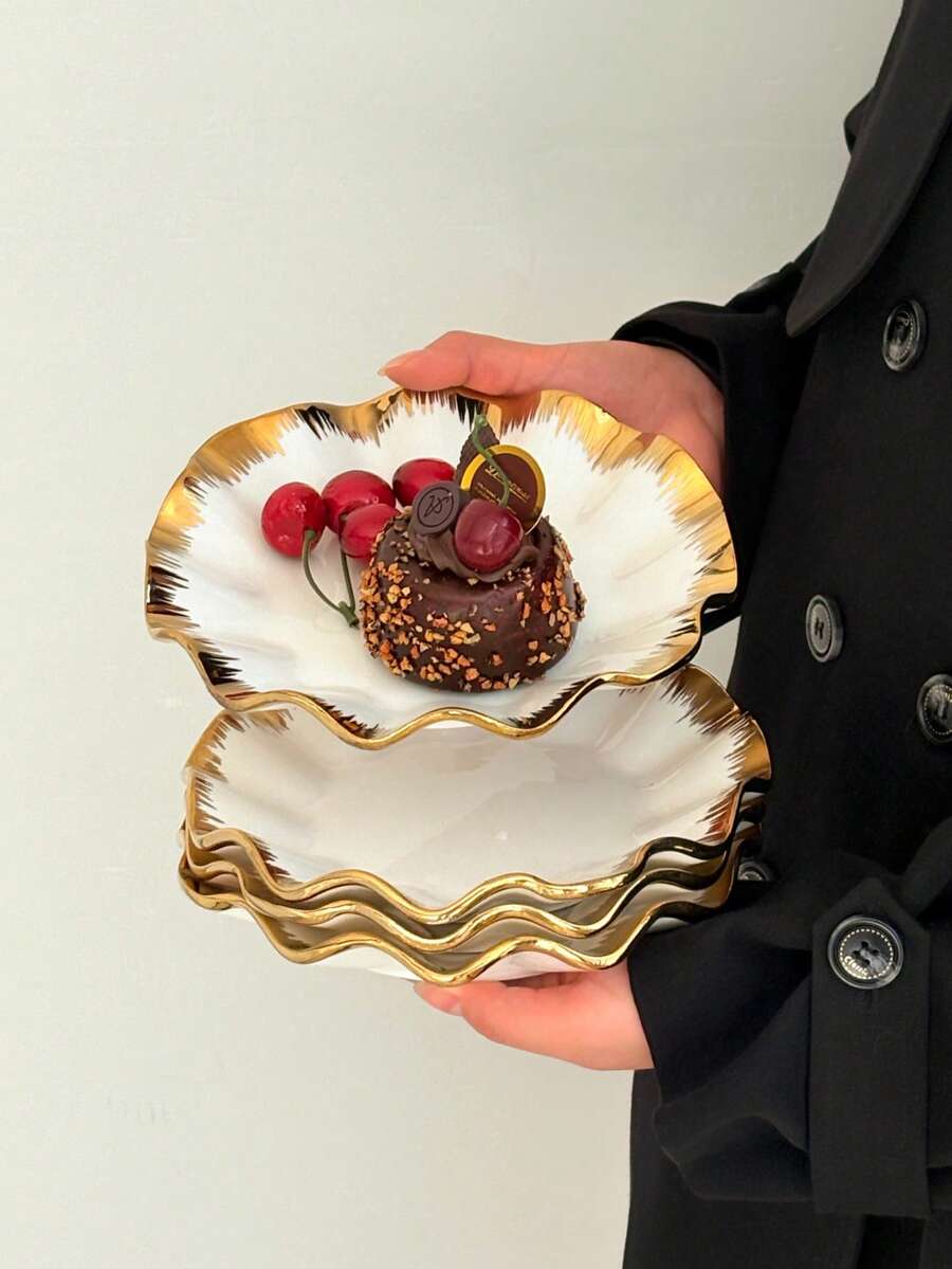 8-Inch Wavy Gold-Rimmed Ceramic Plate, Suitable For Serving Dishes, Appetizer Plates, Bread Plates, Kitchen, Dining Room, Hotel Reception, Tabletop Decor, Patio, Tray, Plate, Dishes, Rectangular, Round, Ramadan - Multicolor - View 1