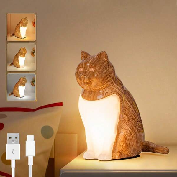 1 pezzo Piccola lampada senza fili ricaricabile a forma di gatto con luce notturna touch, 3 colori/dimmer/diffusore, regalo per amanti dei gatti, camera da letto, comodino, decorazione d'atmosfera, lampada da scrivania in plastica con ricarica USB, tema animale per vari ambienti
