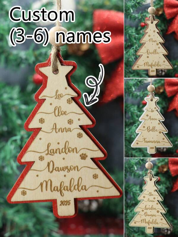 LICVIC Custom Christmas Decorations, Personalized Christmas Tree Decorations, Customized 3-6 Names Ornaments, Customizable Christmas Decor, Diy Ornaments, Christmas, Living Room Decor, Outdoor, Garden, Star And Tree Pendants, Wood, Christmas Gifts, Room Decor, Party, Boys, Girls, Mom, Dad, Kids, Family