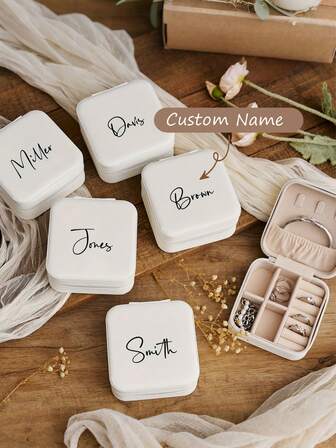 Joyero personalizado - TEXTO/NOMBRE PERSONALIZADO Estuche de viaje beige con cierre de cremallera y forro de tela, regalo perfecto para propuesta de dama de honor o recuerdo de pareja, diseño elegante | Forro suave, regalos de boda, joyeros