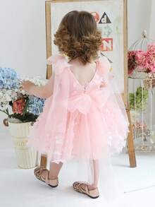 女婴 3D 蝴蝶薄纱派对优雅连衣裙，公主裙适合女婴 1 岁生日派对、宴会、婚礼花童 - 粉色 - 查看 1