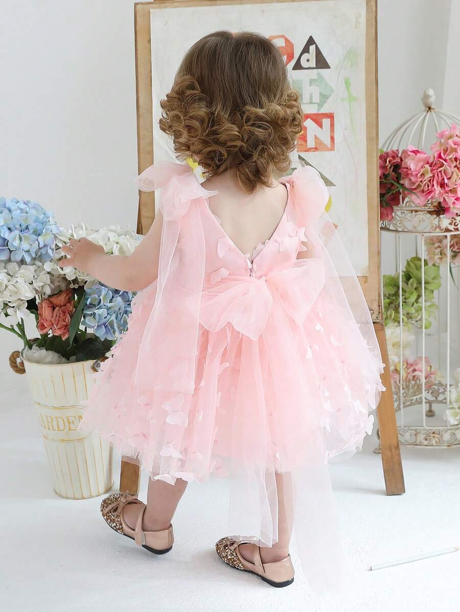 女婴 3D 蝴蝶薄纱派对优雅连衣裙，公主裙适合女婴 1 岁生日派对、宴会、婚礼花童 - 粉色 - 查看 1