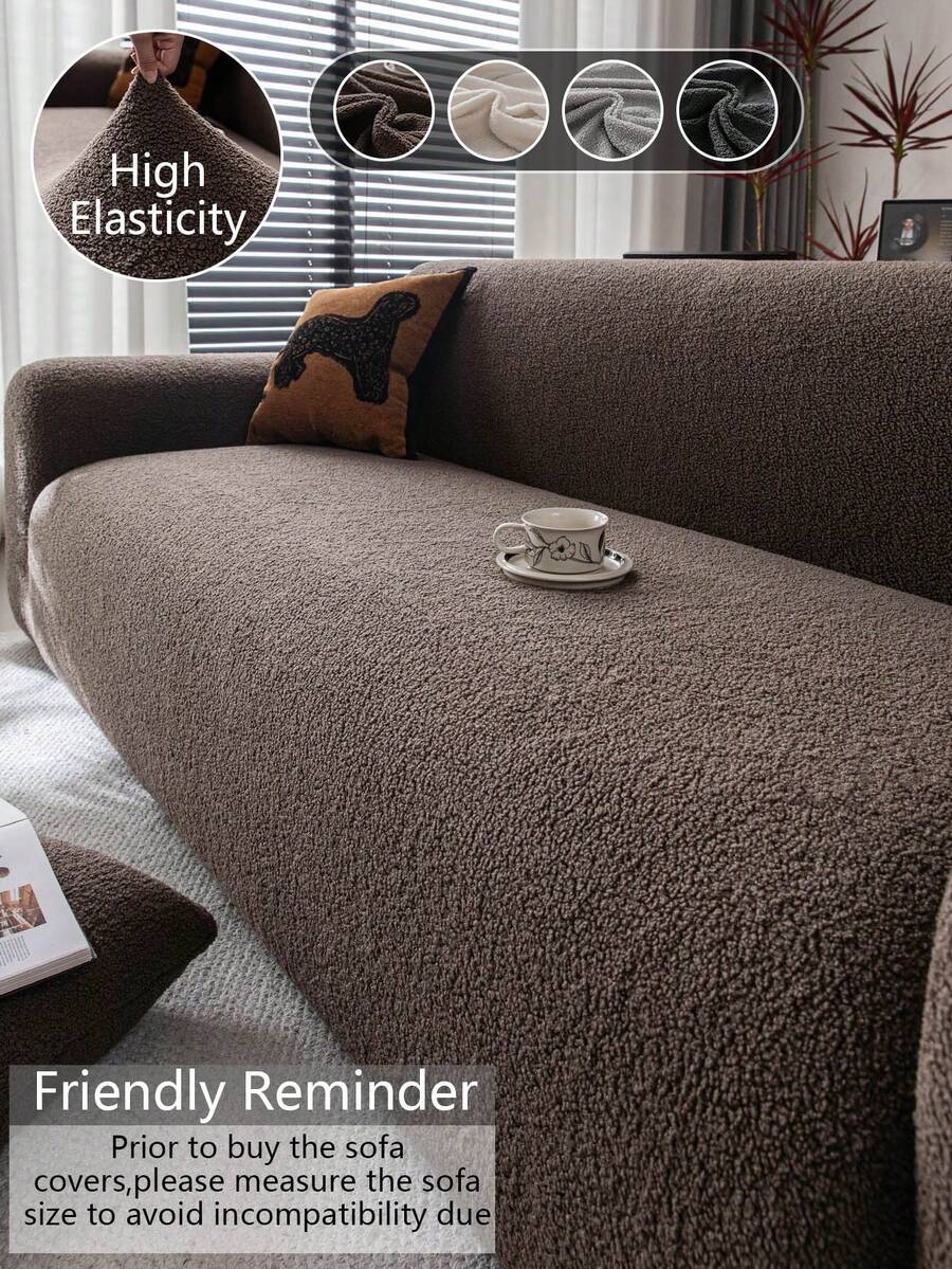 1pc Teddy Plush Sofa Cover, Stretch Multi-Purpose Full Wrap Sofa Slipcover With Geometric Pattern Design, Warm Fuzzy Fabric For Winter, Sofa Protector & Holiday Decor, Includes 1 Pillow Case