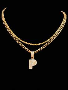 2pcs/Set 1pc Cubic Zirconia Letter Pendant & 2pcs Stainless Steel Chain Necklaces, 26 English Letters, Unisex Fashion Classic Hip Hop Vintage Pendant Necklaces, Suitable For Daily Wear Or Parties, Gift For Lover - Yellow Gold - View 22