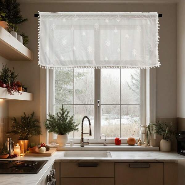 1pc Christmas Tree Embossed White Kitchen Curtain, Fluffy Pom Pom Trim, Rod Pocket, Polyester Fabric, Smooth, Soft, Wrinkle-Resistant, Light-Filtering, All Season Use, Machine Washable, Minimalist Christmas Home Window Decor, Suitable For Bedroom, Living Room, Dining Room, Kitchen, Closet, Office, Christmas Party
