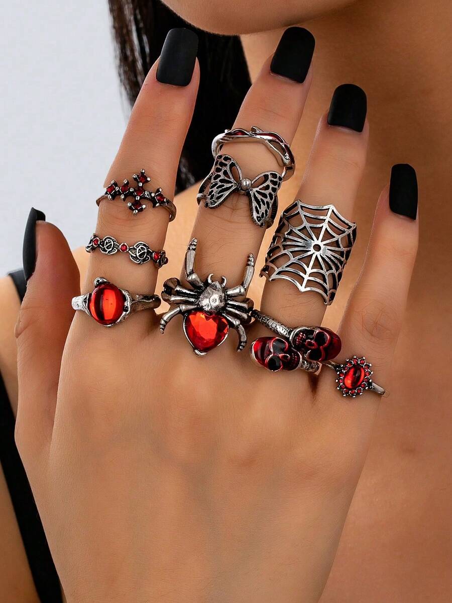 8 pièces Ensemble de bagues d'araignée gothique rétro de couleur argent antique pour Halloween - Bagues empilées style gothique avec toile d'araignée, bijoux de vampire - Multicolore - Voir 1