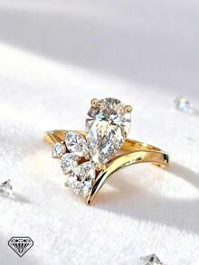 1pc Women's Quality Single Ring, Bohemian Style Water Drop Ring, 2.8g 925 Sterling Silver, 2 Carat Pear Cut Moissanite, Suitable For Christmas, Wedding, Engagement, Comes With Moissanite Certificate And Elegant Gift Box - Gold - View 1