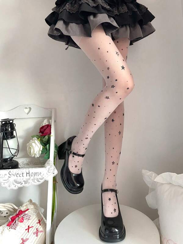1 Pair Women's Fashionable Sexy Star Print Pantyhose, Suitable For Halloween