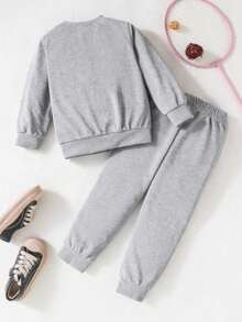 2pcs/Set Girls Back To School Letter Graffiti Print Crew Neck Sweatshirt And Drawstring Pants, Casual Hoodie Outfit, Daily Casual Fashion - Grey - View 4