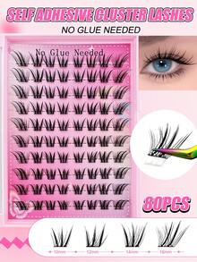 80pcs C-Curl Self-Adhesive False Eyelash Clusters, Natural Cartoon Style Cat Eye Makeup Effect, Invisible Glue Single Strand Faux Mink Lashes, Long-Lasting No Sticky Residue Pre-Glued Eyelashes - C - Xem 9