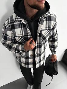 Flannel Shirt Jacket Men, Classic Black White Buffalo Plaid Long Sleeve Button-Up Front Pocket, Relaxed Fit Casual Oversized Shacket For Outdoor Workwear, Autumn Winter Layering, Date Night, Daily Wear, Shopping Vacation - Christmas Gift For Husband Boyfriend New Year