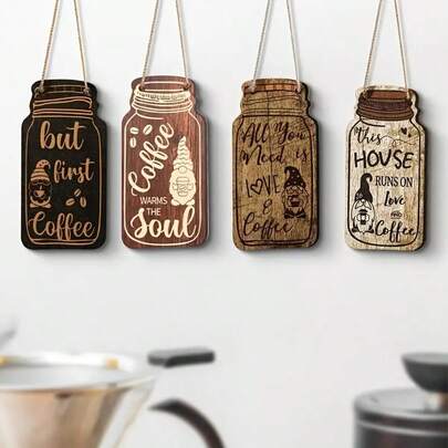 4-Piece Coffee Wood Wall Decor, Interior Decoration, Coffee Corner Decoration Set, Decorative Hanging Ornaments