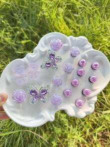 18pcs Purple Rhinestone Butterfly & Teddy Bear Shoe Decorations, Removable DIY Shoe Accessories Suitable For Sandals, Slippers, Garden Shoes, Beach Bags, Gifts, All Seasons