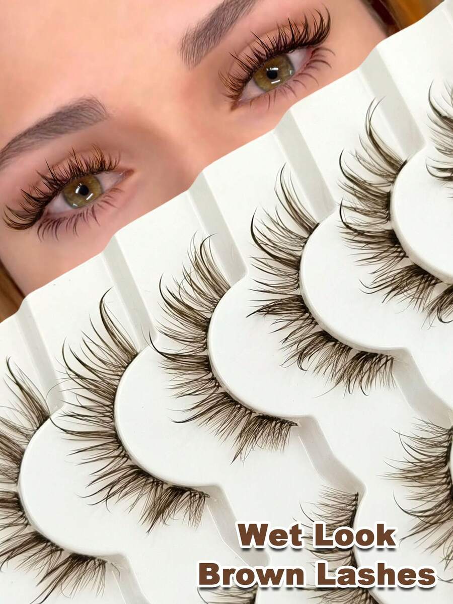 Rikuaild 6 Pairs Brown Wet Look False Eyelashes, Transparent Band, Thick & Reusable, Lengthening, Create Dramatic Curled & Lightweight Makeup Look, Makeup Tools - Comic wet eyelashes - View 1