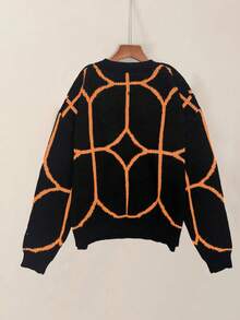 Plus Size Women Geometric Pattern Round Neck Drop Shoulder Long Sleeve Casual Pullover Sweater, Autumn/Winter