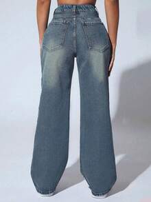 Teens' Loose Straight Leg Distressed Casual Jeans, Slim Straight Leg Jeans - Medium Wash - View 2