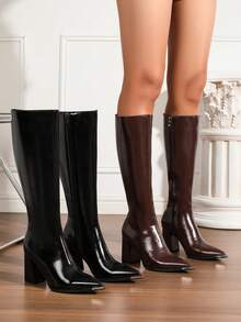 2025 Botas altas de tacón ancho de alta calidad, nuevas llegadas de otoño. Botas versátiles de moda hasta la rodilla. Zapatos de mujer de tacón bajo y punta afilada. Botas elegantes minimalistas con decoración metálica sobre la rodilla, estilo europeo y americano. - Marrón - Ver 5