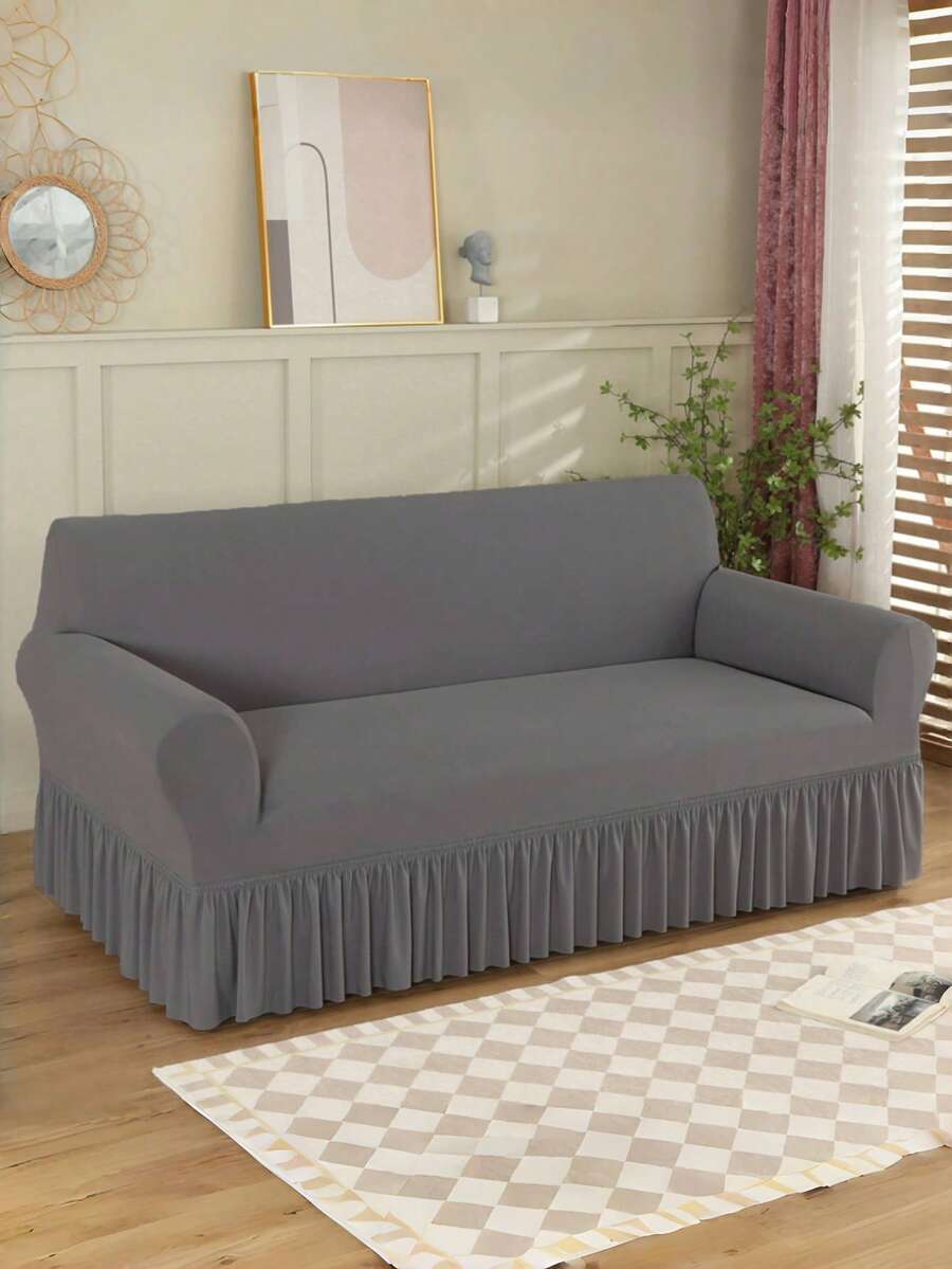 1pc Ruffled Sofa Cover, Solid Color Stretch Full Coverage Sofa Slipcover, Polyester Fiber All Season, Minimalist Modern - Dark Grey - View 1