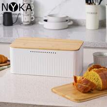 NYKAINMAN Boîte à pain en métal blanc/noir réutilisable avec couvercle en bois - Récipient de rangement de cuisine rectangulaire pour conserver le pain, les toasts, les fruits et les légumes - Multicolore - Voir 6
