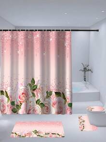 1/3/4 Piece Pink Elegant Rose Shower Curtain Set, Bathroom Window Curtain Shower Set, Shiny Bathroom Shower Curtain, Bathroom Set, Waterproof Shower Curtain, Bathroom Accessories, Bathroom Rug, U-Shaped Toilet Mat, Toilet Seat Cover, Bathroom Decor With 12 Hooks, Home Decor, Daily Decoration