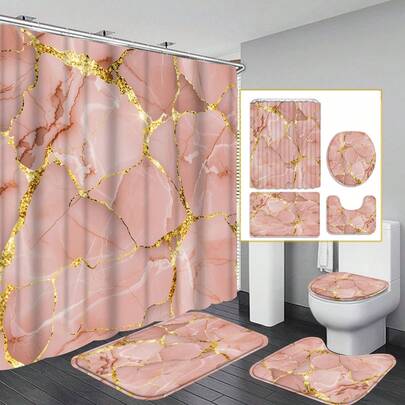 Bộ rèm tắm hiện đại họa tiết đá cẩm thạch hồng 1/3/4 chiếc, phụ kiện chống thấm nước và chống mài mòn, kèm 12 móc - Bao gồm nắp bồn cầu, thảm tắm và thảm trải sàn - Vải không polyester - Có thể giặt - Hoàn hảo cho trang trí ngày lễ, trang trí nhà cửa/phòng ngủ/nhà/phong cách phương Tây,