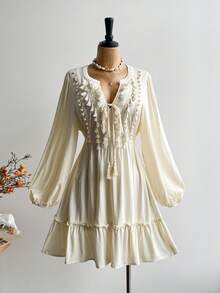 Rusttydustty 女士波西米亚风优雅流苏系带长袖连衣裙，休闲度假连衣裙，适合新年、情人节等场合