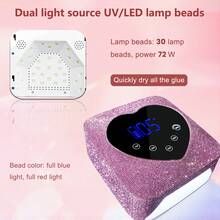 Secador de uñas LED recargable de 72 W con 2 limas, lámpara UV/LED de doble fuente de luz, sistema inteligente de recordatorio de bajo consumo, 5 configuraciones de tiempo, control táctil y sensor automático, dispositivo de secado rápido con lámpara (rosa con pegatinas de diamantes)