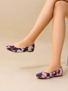 Women's Flats Shoes Slip-On Elegant Comfortable Round Toe Ballerina Walking Shoes - 花/白 - 查看 3