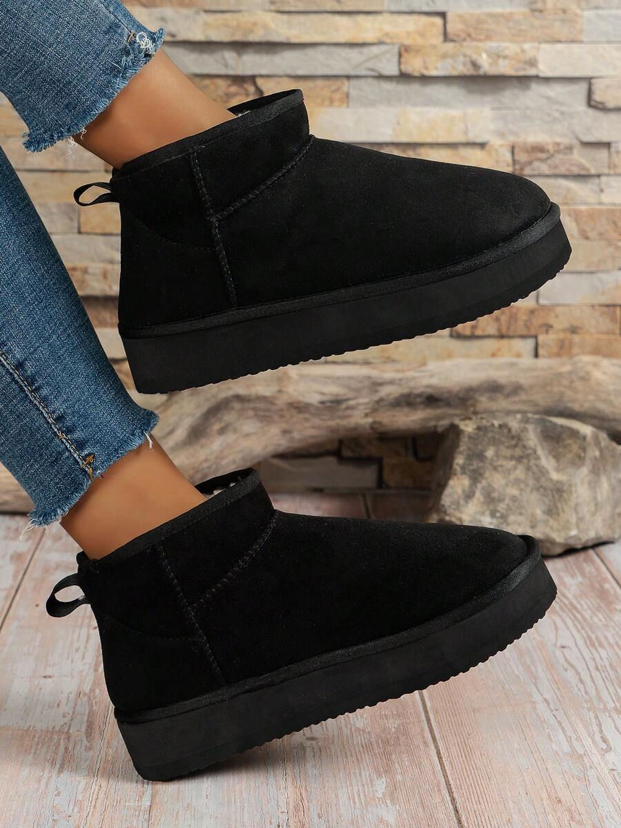 Women's Solid Color Mid-Top Casual Shoes, Thick Sole With Thermal Lined, Warm And Comfortable For Outdoor And Indoor Wear, Autumn/Winter